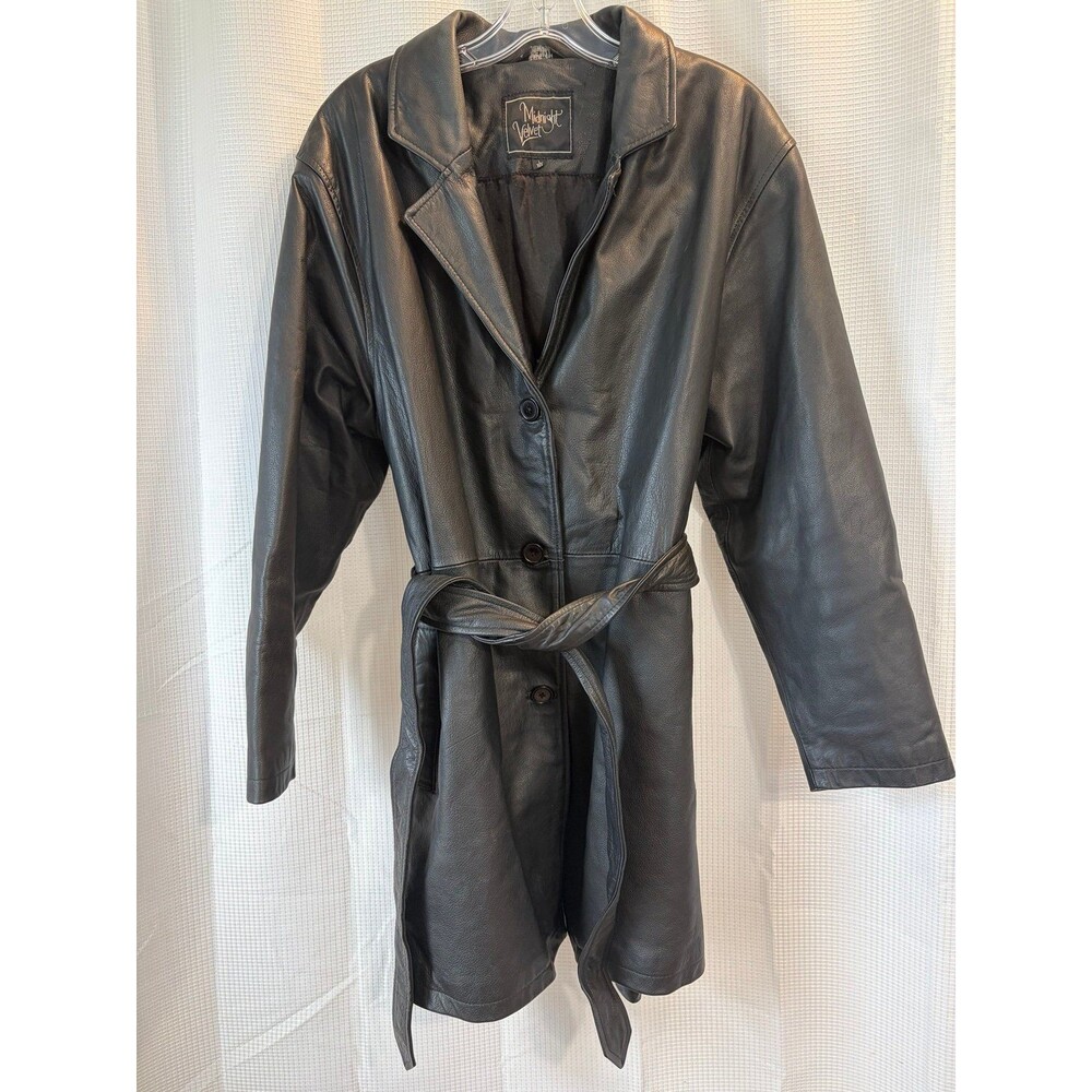Midnight Velvet Genuine Leather Long Coat Women’s Large Black Belted
